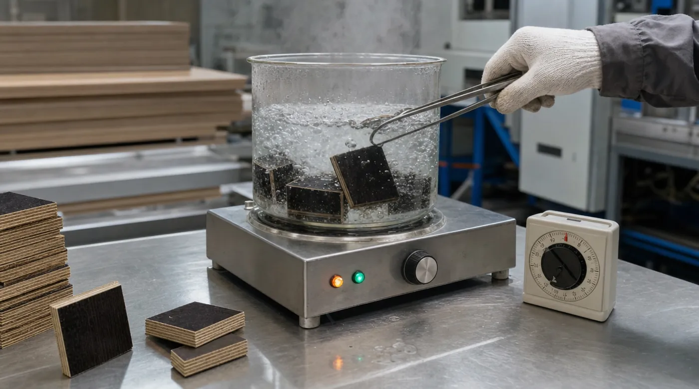 Test d'encollage à l'eau bouillante d'échantillons de contreplaqué filmé en laboratoire de contrôle qualité