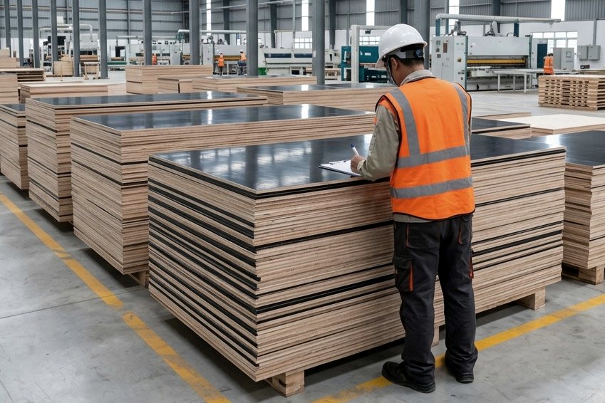 Contrôleur qualité de dos, main posée sur une pile de panneaux filmés, dans une usine partenaire